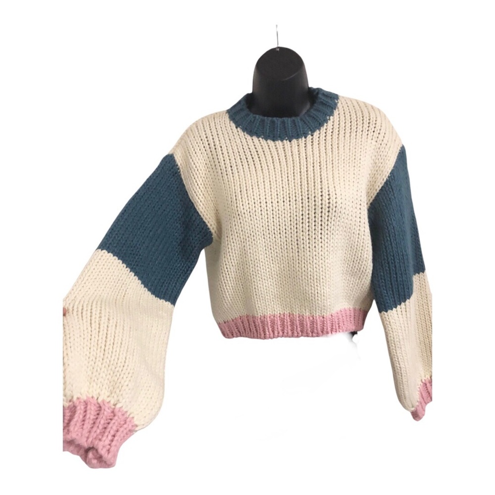 altar’d state‎ cream blue pink colorblock chunky crochet knit sweater size XXS